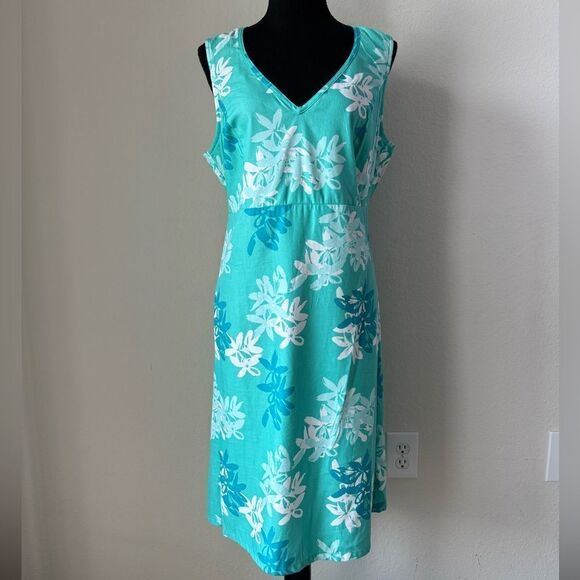 Columbia PFG Women’s Tropical Floral Dress Teal V-Neck Sz L Performance Hawaiian - Picture 1 of 9